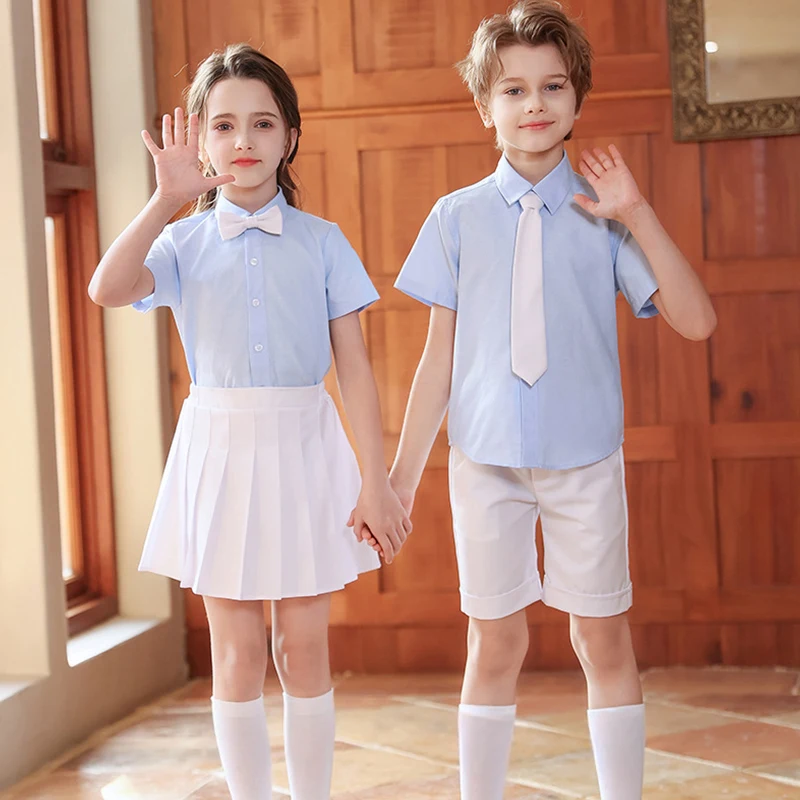Bambini Estate Asilo Uniformi scolastiche Ragazze Gonne a pieghe JK Vestito Ragazzi Camicia Pantaloncini Papillon Costume da spettacolo di nozze