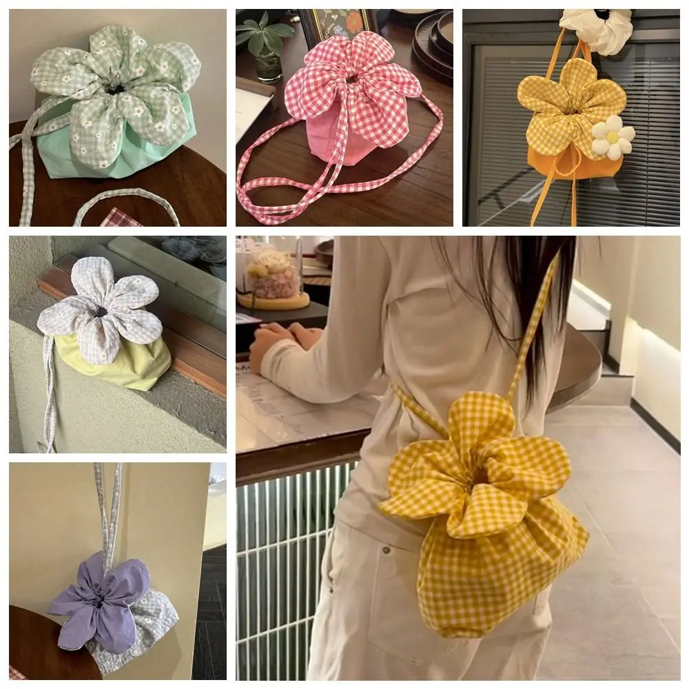 

Literary Plaid Flower Drawstring Bag Cloth Portable Small Crossbody Bag Bundle Pocket Storage Bag ins Shoulder Bag Vacation