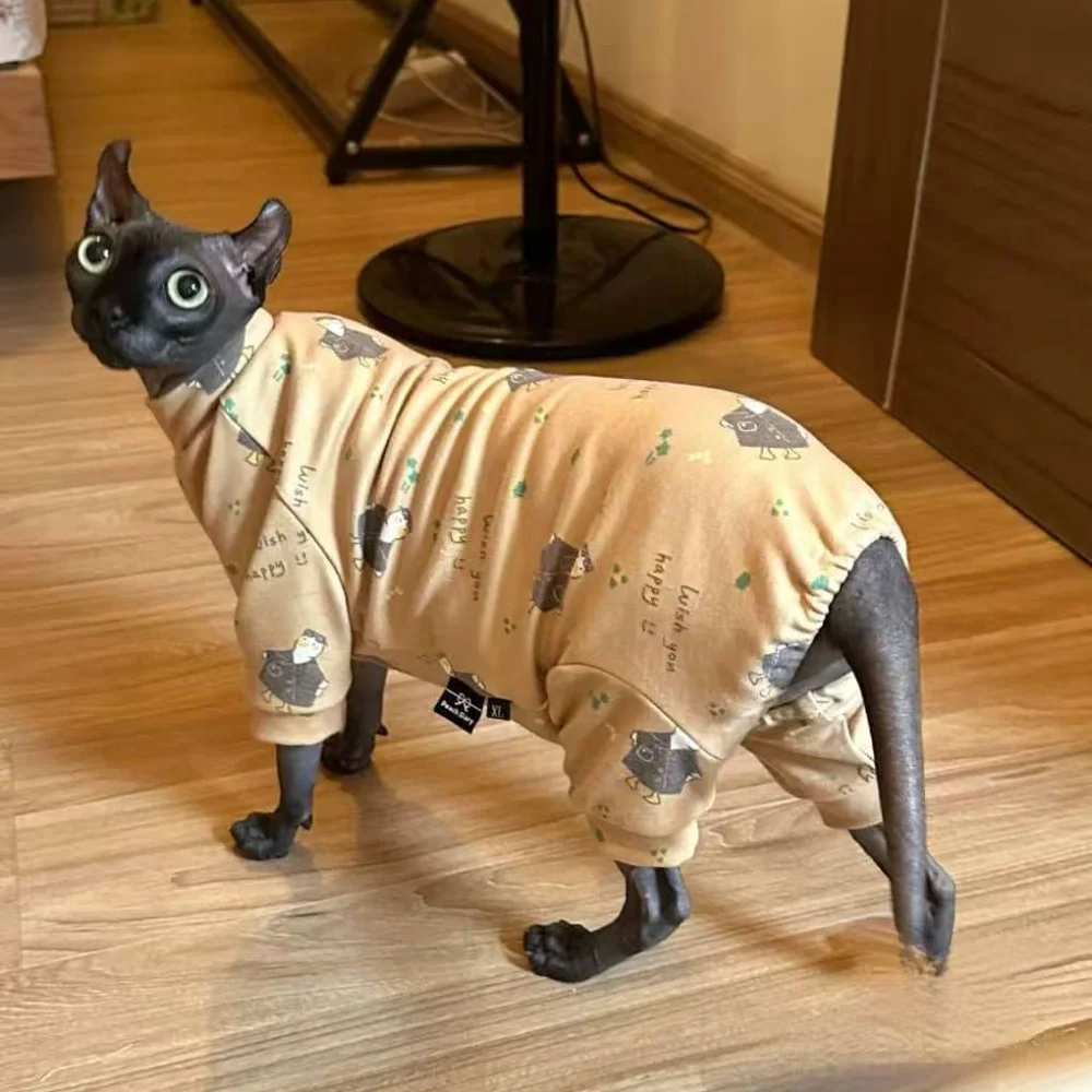 Baumwoll-Overall für Sphynx-Katze, lange Ärmel, warmer Kaffeemantel für Devon Rex, süßes Blumen-Unterhemd für Kätzchen im Winter, Frühling – Detail 7
