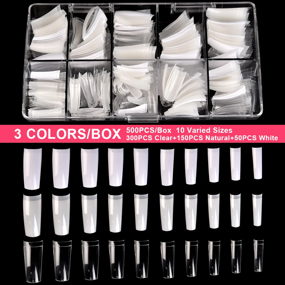 500Pcs/Box Fake Nail Tips Half Cover French Coffin Long Extension Fingernail Tips Print Gel Polish Manicure Supplies DIY Tools