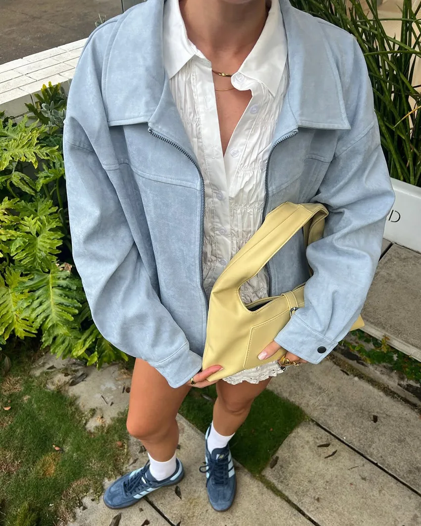 

2025 модная однотонная куртка в американском стиле ретро для женщин с лацканами и длинными рукавами на молнии, осенние повседневные уличные пальто, женские новые модные