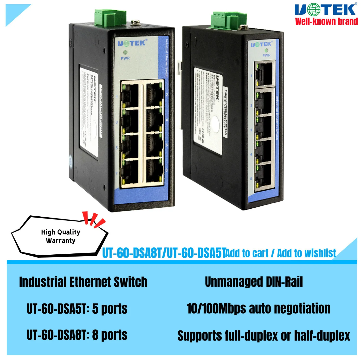 

UOTEK Industrial Grade 100M 5 8 Ports Network Unmanaged Ethernet Switch Full Half Duplex DIN-rail -40℃ to 85℃ UT-60-DSA5T DSA8T