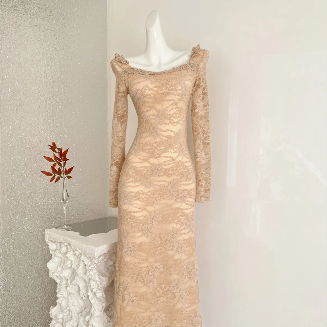 

Pure Desire Кружева Long Sve Квадратный воротник Bal Dr Женское осенне-зимнее облегающее длинное платье с высокой талией и фианитом