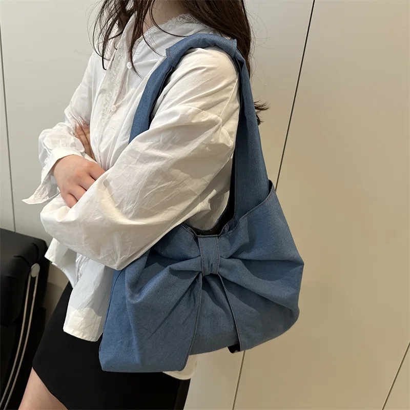Sweet Bowknot Design Women's Denim Shoulder Bags Commuter Thread Ladies Handbags Casual Lightweight Female Underarm Tote Bag