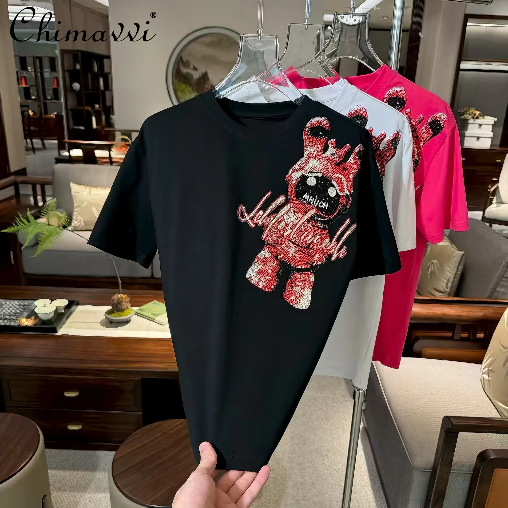 

American Fashion Highstreet Cool Boy Oversized T-Shirts Round Neck Short Sleeve Diamond Versatile Casual Loose Tops Men Summer