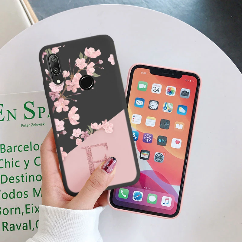 Initial Letter Silicone Phone Case For Huawei Y7 Prime 2019 Shell Retro Pink Flower Soft TPU Back Cover For Huawe Y7 2019 Capa