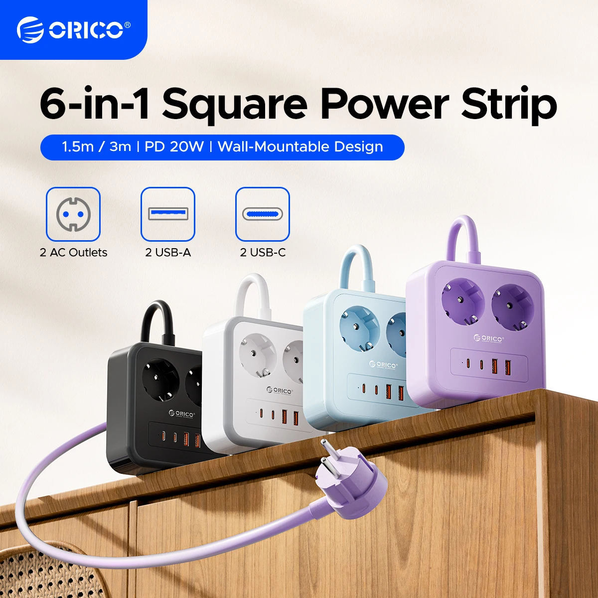 ORICO PD20W Desktop Charge Square Power Strip 3m Extension Cable Electrica Socket Charging Station For Phone Laptop