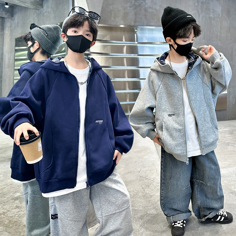 

Короткий стильный детский хлопковый плащ с капюшоном для мальчиков-подростков, модная куртка на молнии с капюшоном, детская повседневная осенняя одежда, От 4 до 14 лет