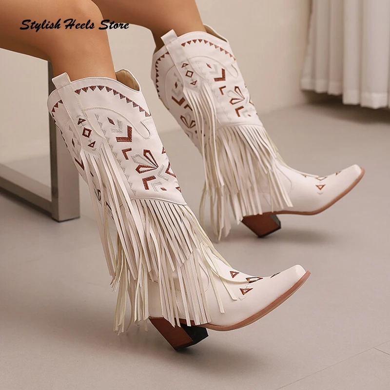 Embroidery Tassel Trim Square Toe Wedges Knee-High Boots Women Vintage Luxury Shoes Autumn Slip On Retro Western Cowboy Boots