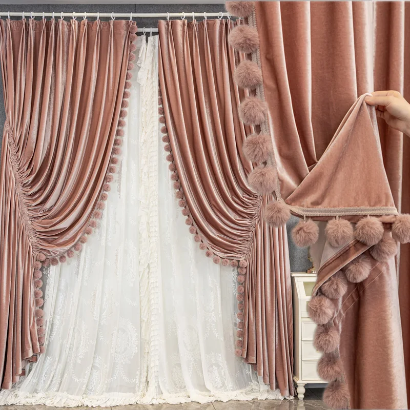 

French Pink Thick High-End Glossy Velvet Design Villa living room velvet cloth blackout curtain tulle drape C2194