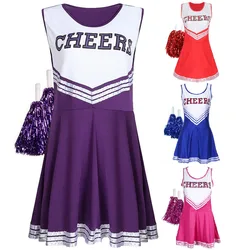 Traje de dança cheerleading sem mangas para mulheres, decote V, letras impressas, top com saia plissada, bolas de flores, 2 peças