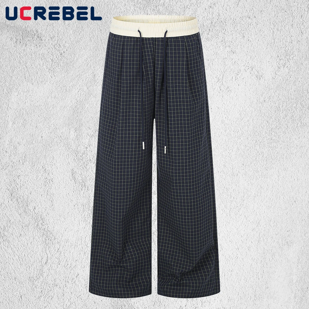 Fine Check Patchwork Trousers Mens Retro Casual Elastic Waistband Loose Straight-leg Pants Man