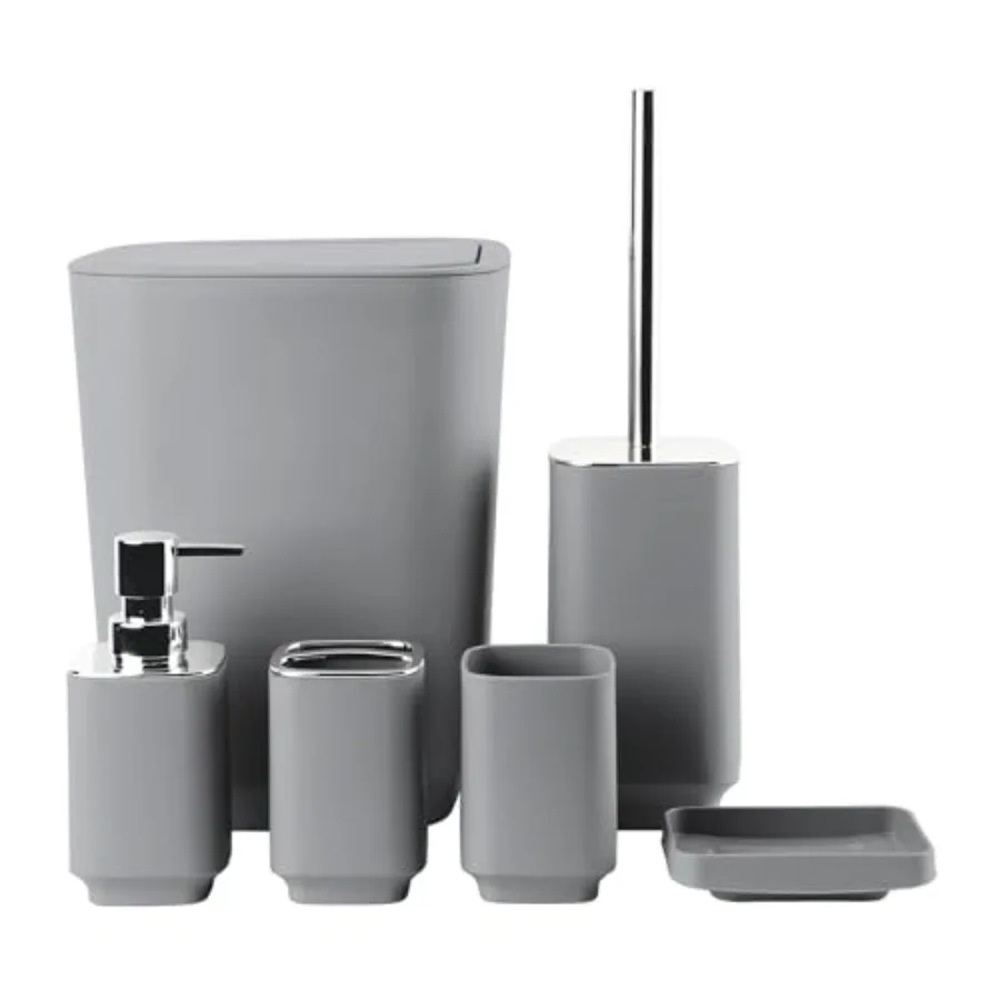 

Bathroom Accessory Set 6 Piece with Toothbrush Holder Cup Soap Dispenser Dish Toilet Brush Holder Trash Can Plastic Gray for Ba