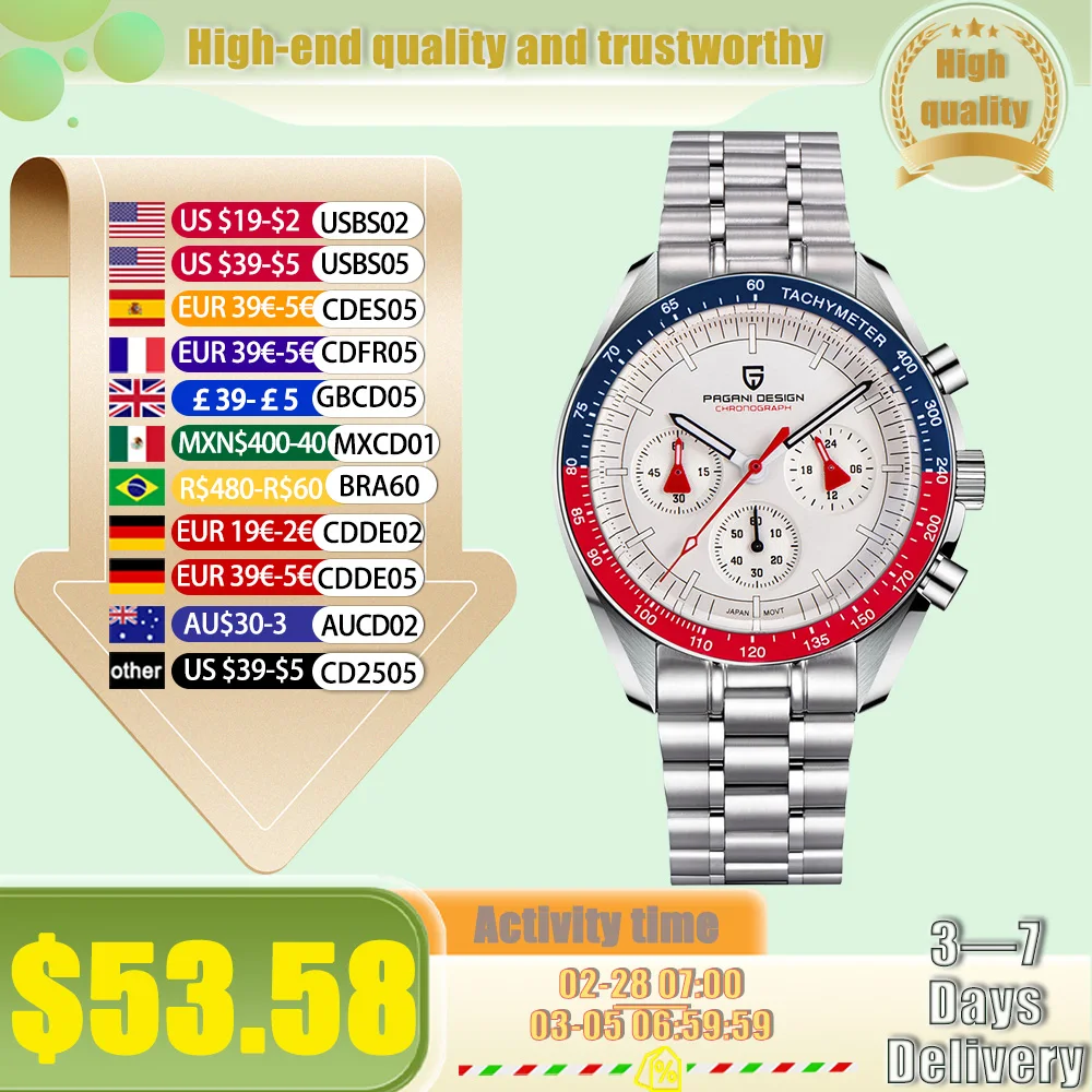 PAGANI DESIGN 2025 PD1701 남성용 시계 톱 브랜드 럭셔리 쿼츠 사파이어 베젤 스포츠 크로노 그래프 남성용 방수 손목 시계