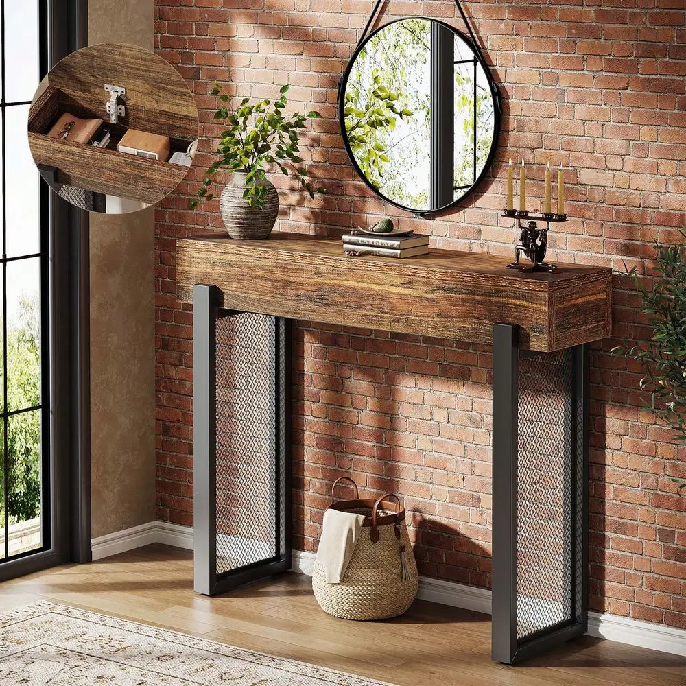 

41 Small Console Table, Wood Entryway Table With With Storage, Industrial Narrow Sofa Table With Mesh Metal Legs For Foyer, Hal