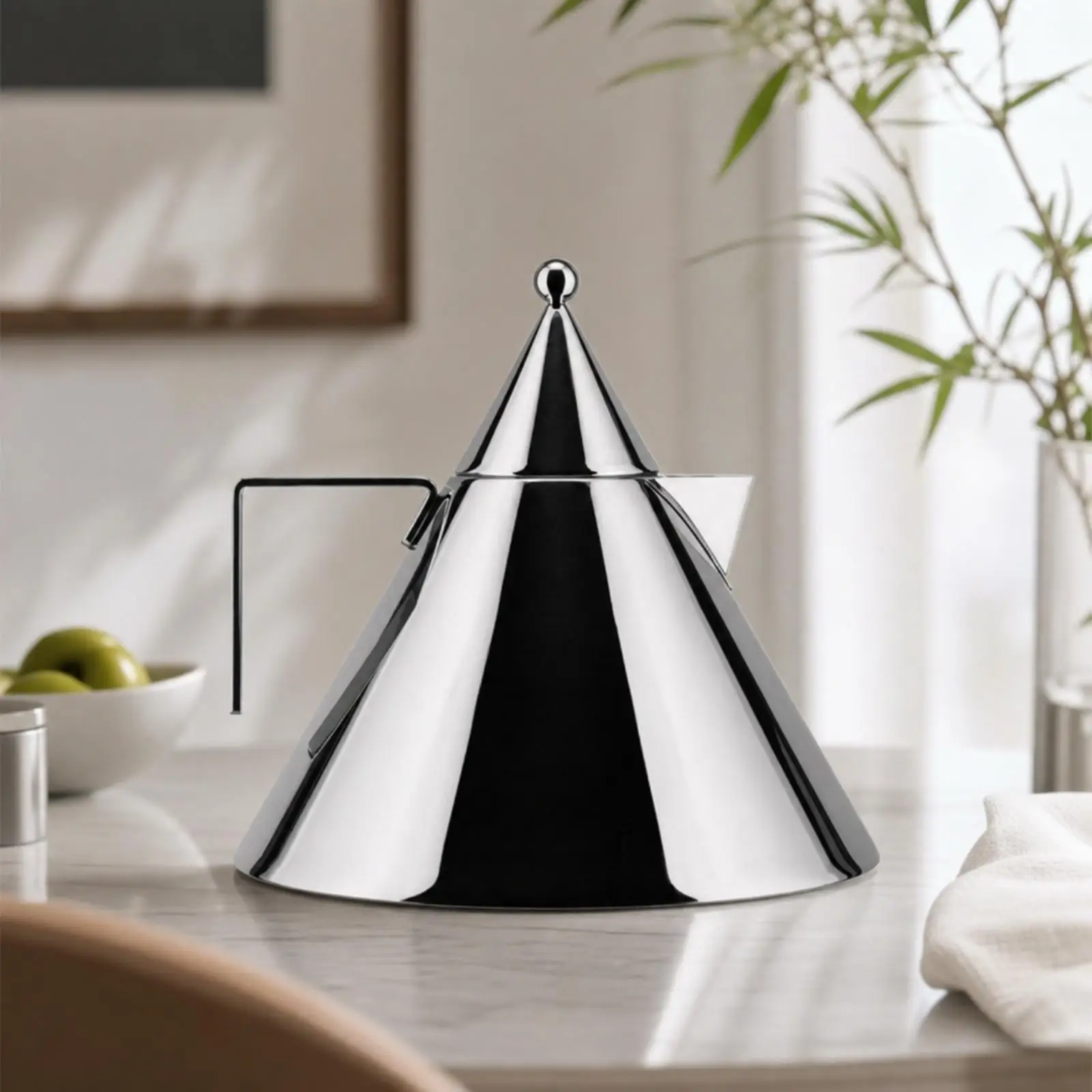 Triangular Decorative Kettle Figurine Polished Silver Teapot Decor for Living Room Shelf Miniature Sculpture Modern Home Accent
