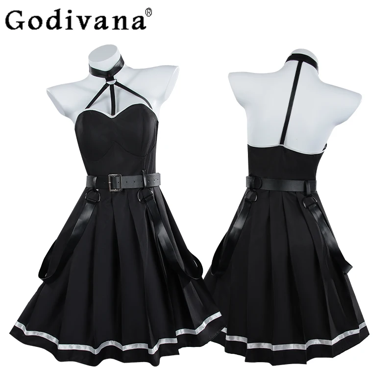 فستان نسائي أسود مثير كوس ثنائي الأبعاد للرسوم المتحركة فستان نسائي بدون أكمام لعب الأدوار في الهالوين