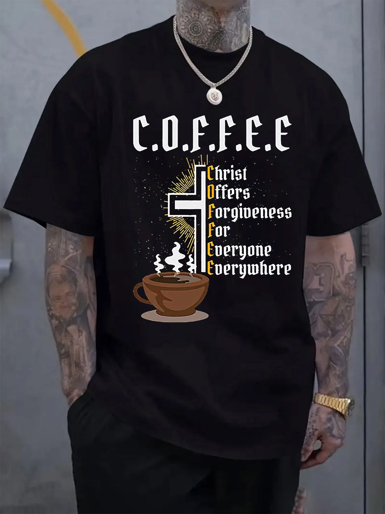 

Christ Offers Forgiveness for Everyone Everywhere. Christian Coffee T-Shirt 100% Cotton O-Neck Short Sleeve Casual Mens T-shirt