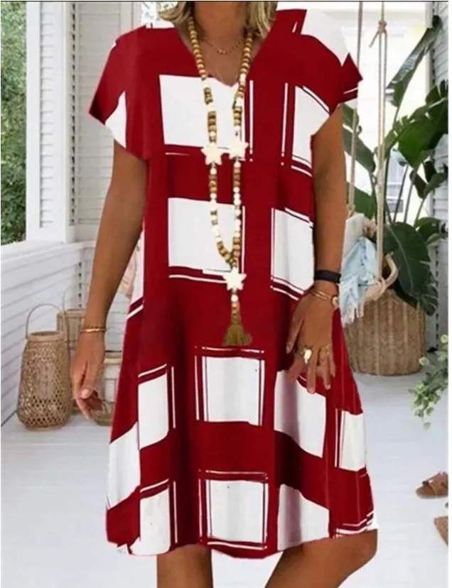 

New Loose-fitting Printed Plaid Sexy High-end Short-sleeved Dress