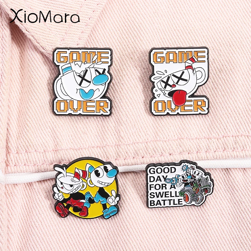Juego de aventura Cuphead Mugman, alfileres esmaltados, broches de personajes de juego de Anime de dibujos animados, insignia de solapa, regalos de joyería divertidos para amigos