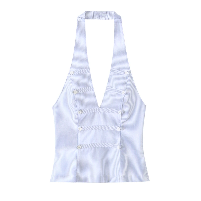 Guobioziy 2026 New Women's Blue and White Striped Halter Top V-Neck Double-Breasted Sleeveless Summer Beach Casual Crop Tank