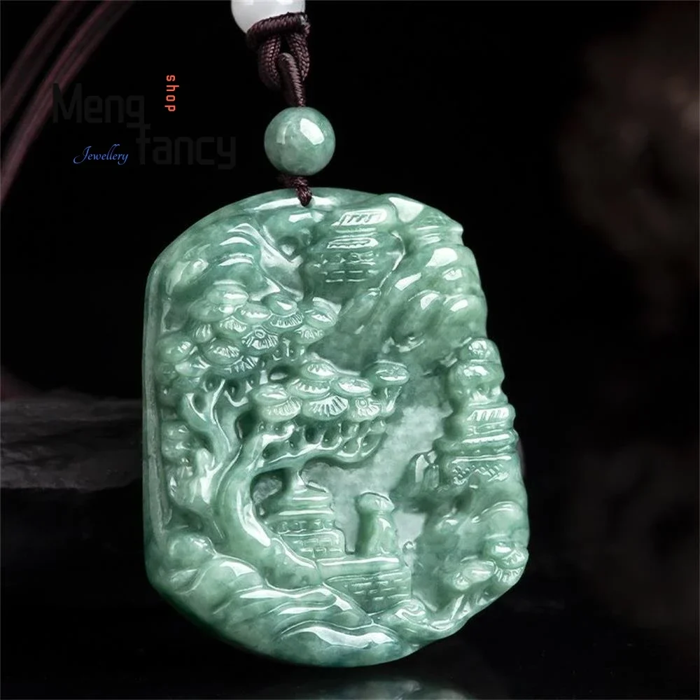 Natural A-goods Jadeite Bean Green Landscape Plaque Double-sided Carving Jade Pendant Exquisite Handicraft Fashion Fine Jewelry