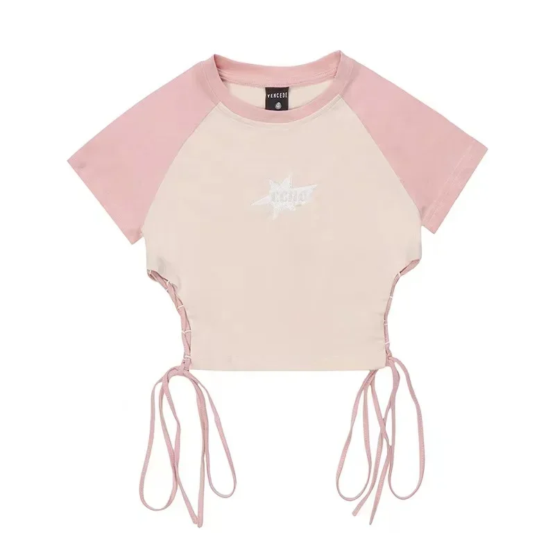 Ropa de Mujer Sexy para Mujer, camiseta ajustada con cintura calada, camisetas informales coreanas de verano, Tops cortos, camisas para Mujer 2024