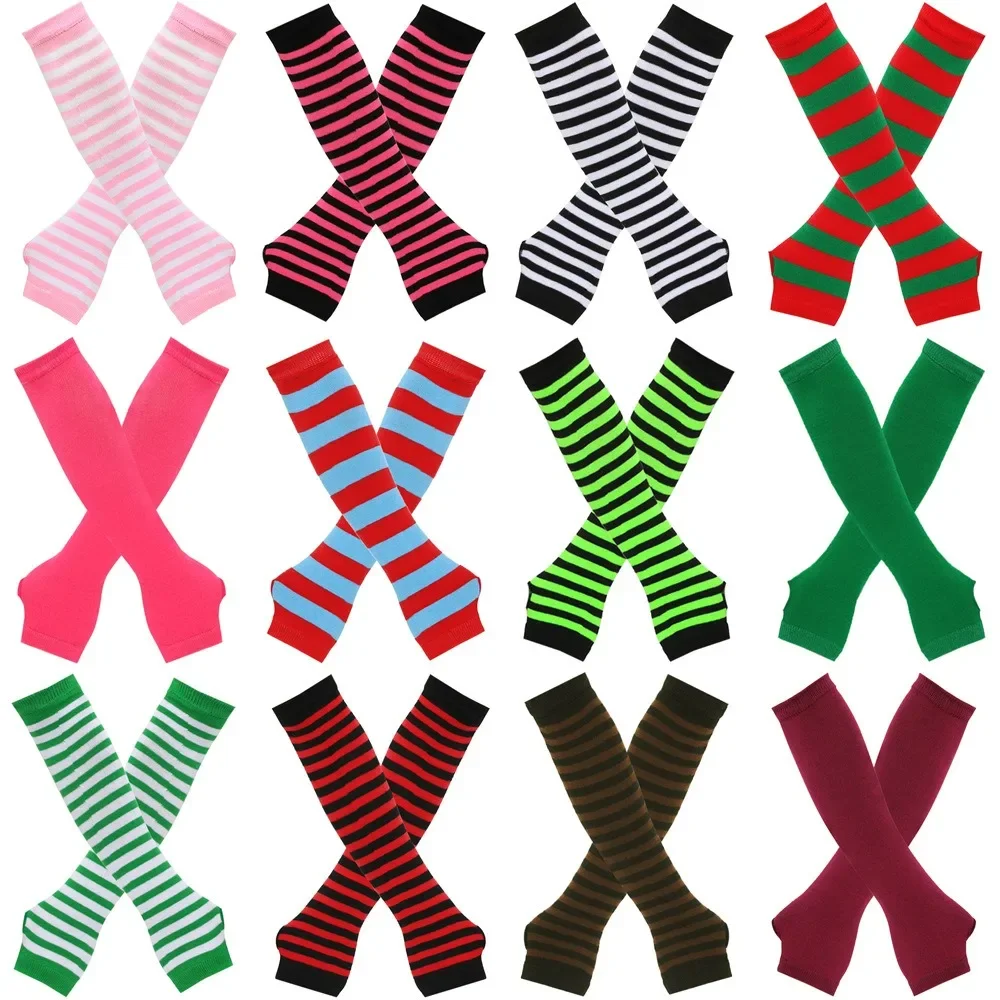 Women Emo Gloves Arm Sleeve Fashion Warmer Knitted Long Fingerless Gloves Mittens Christmas Acces Gift Striped Elbow Gloves