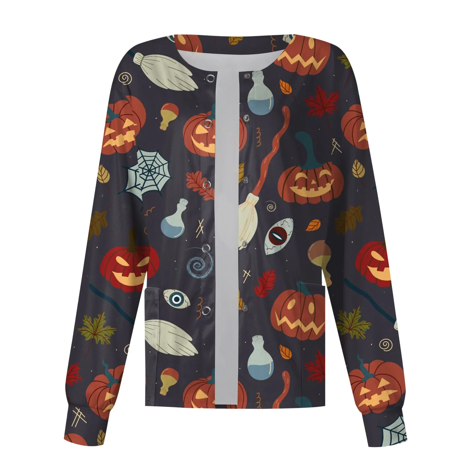 Women\'s Single-breasted Top Halloween Bat Printed Scrub Jacket Nurse Coat Pet Shop Nurse Working Round Neck Cardigan Coat