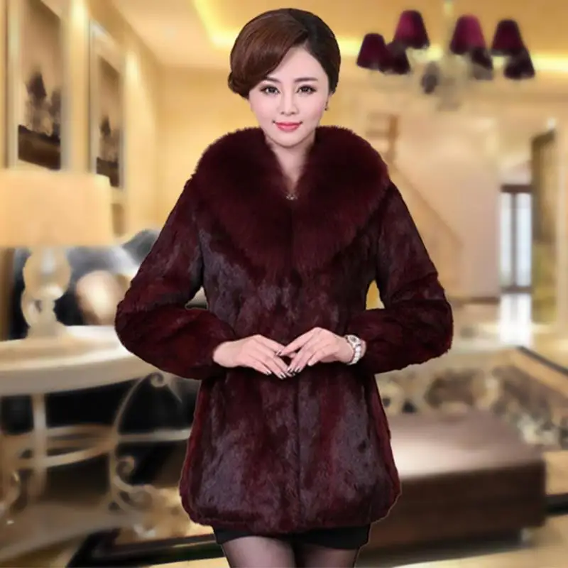 Hot sale women winter long style 100% real rabbit fur coat with fox fur collar Warm thick rabbit fur jacket Female real fur coat