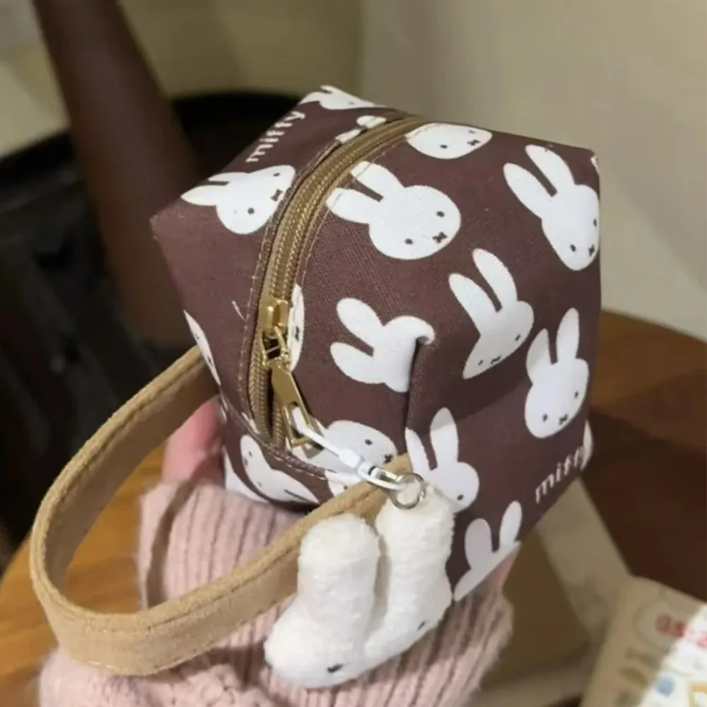 Brown Miffy Printed Canvas Makeup Bag Square Cosmetic Storage Pouch Portable Cute Cartoon Travel Toiletry Organizer Girl Gift