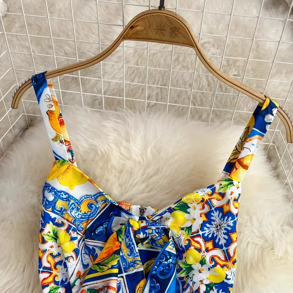 Hot Summer for 2021 Tank Strap Designer Dress Women Elegant Bow Spaghetti Strap Backless Lemon Blue White Porcelain Long Dress