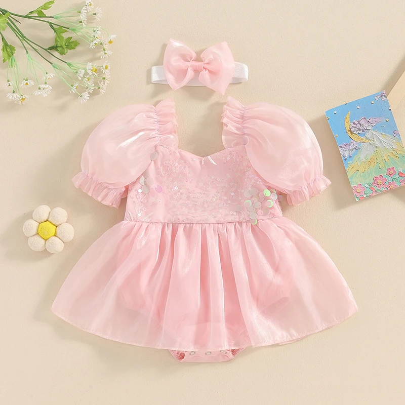 Baby Girls Princess Rompers Dress Sequins Short Sleeve Organza Skirt Hem Infant Bodysuits Summer Playsuits Clothes with Headband