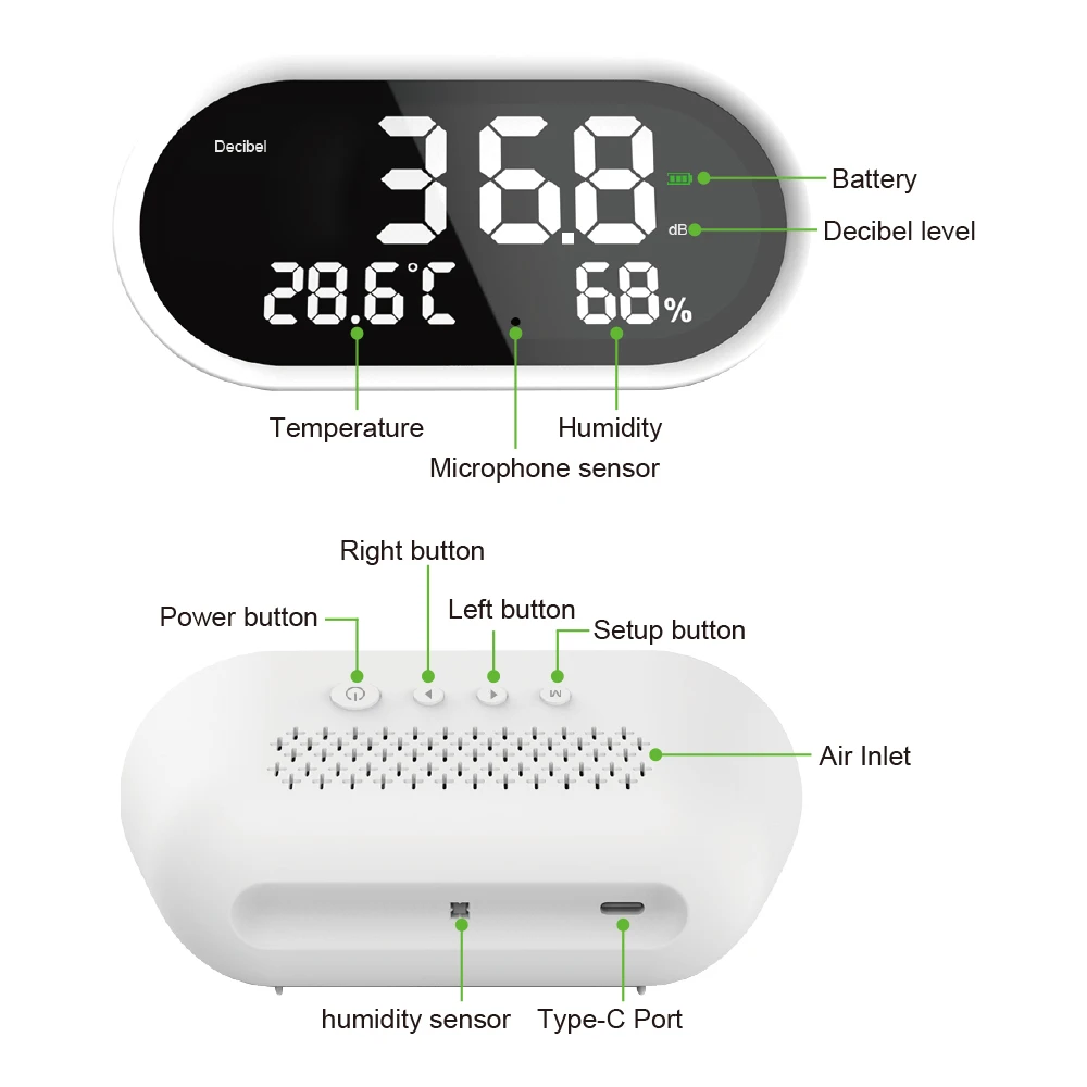 Decibel Noise Meter LED Display Temperature Humidity Monitoring Instrument High Accuracy Decibel Meter Home Indoor Noise Meter