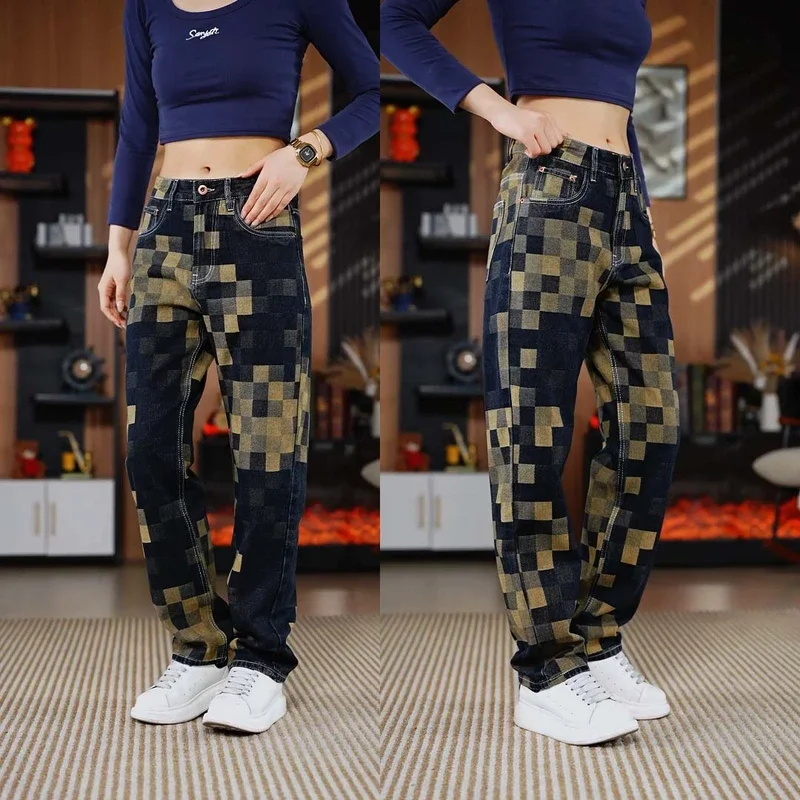 

Мужские повседневные джинсы прямого кроя, свободные, осенне-зимние, стройнящие, с мозаичным узором, городской стиль, хлопок, молодежные, на молнии, износостойкие