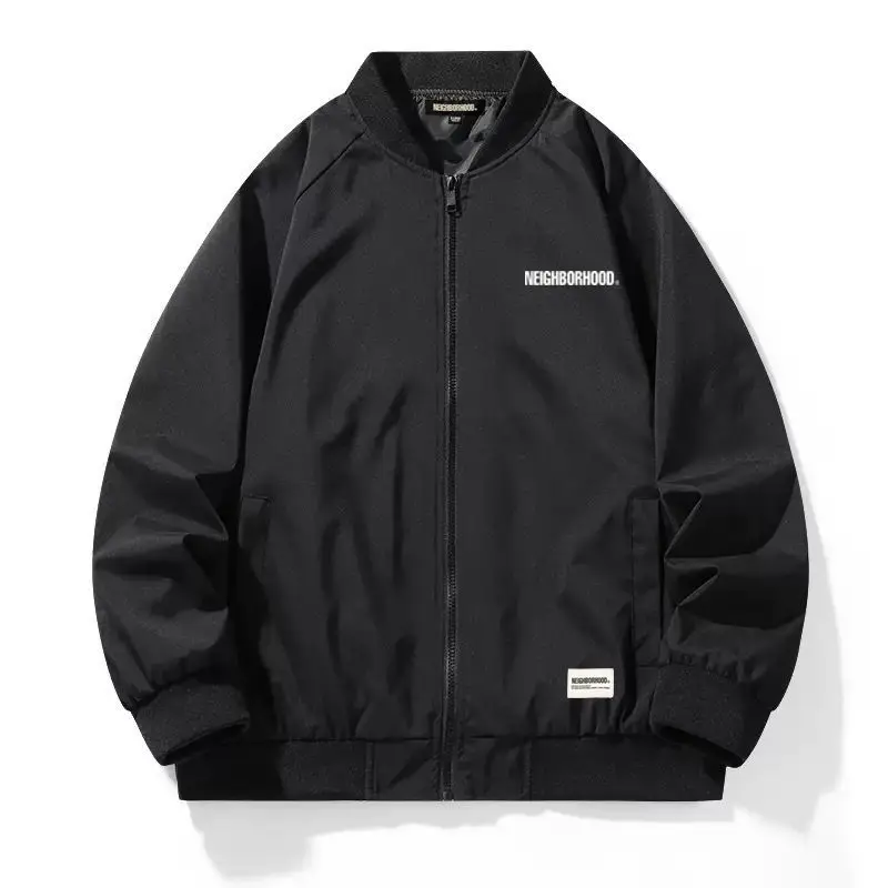 NEIGHBORHOOD Men's Baseball Jacket Spring Autumn Casual Stand Collar Black Zip-Up Coat Outerwear
