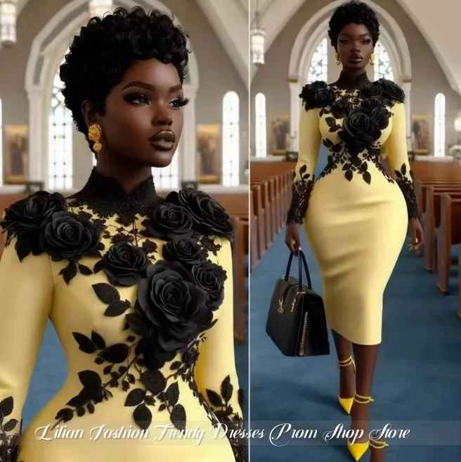 Customized Pale Yellow Long-Sleeve Evening Gown Black 3D Roses Mother-of-the-Bride Dress Formal Wear Wedding Party Dress 2026