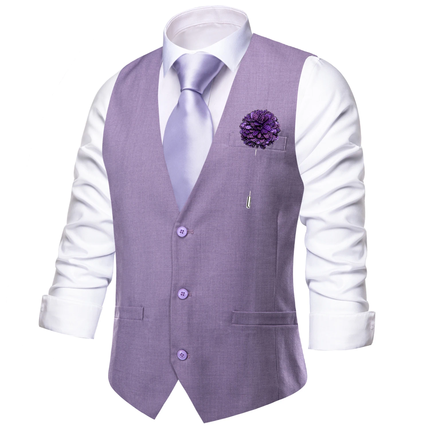 

Elegant Silk Men's Vests Lavender Purple Slim Waistcoat Neck Tie Hanky Cufflinks Brooch Sets for Men Suit Wedding Party Designer