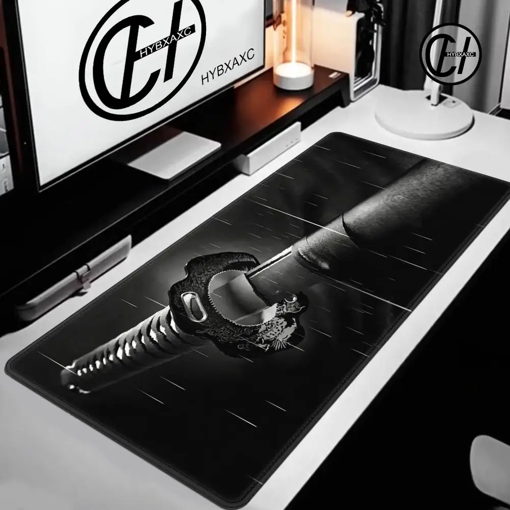 HYBXAXC Samurai Katana Sword Mouse Pad, Black White Japanese Desk Mat, Large Non-Slip Gaming Mousepad for Gamer