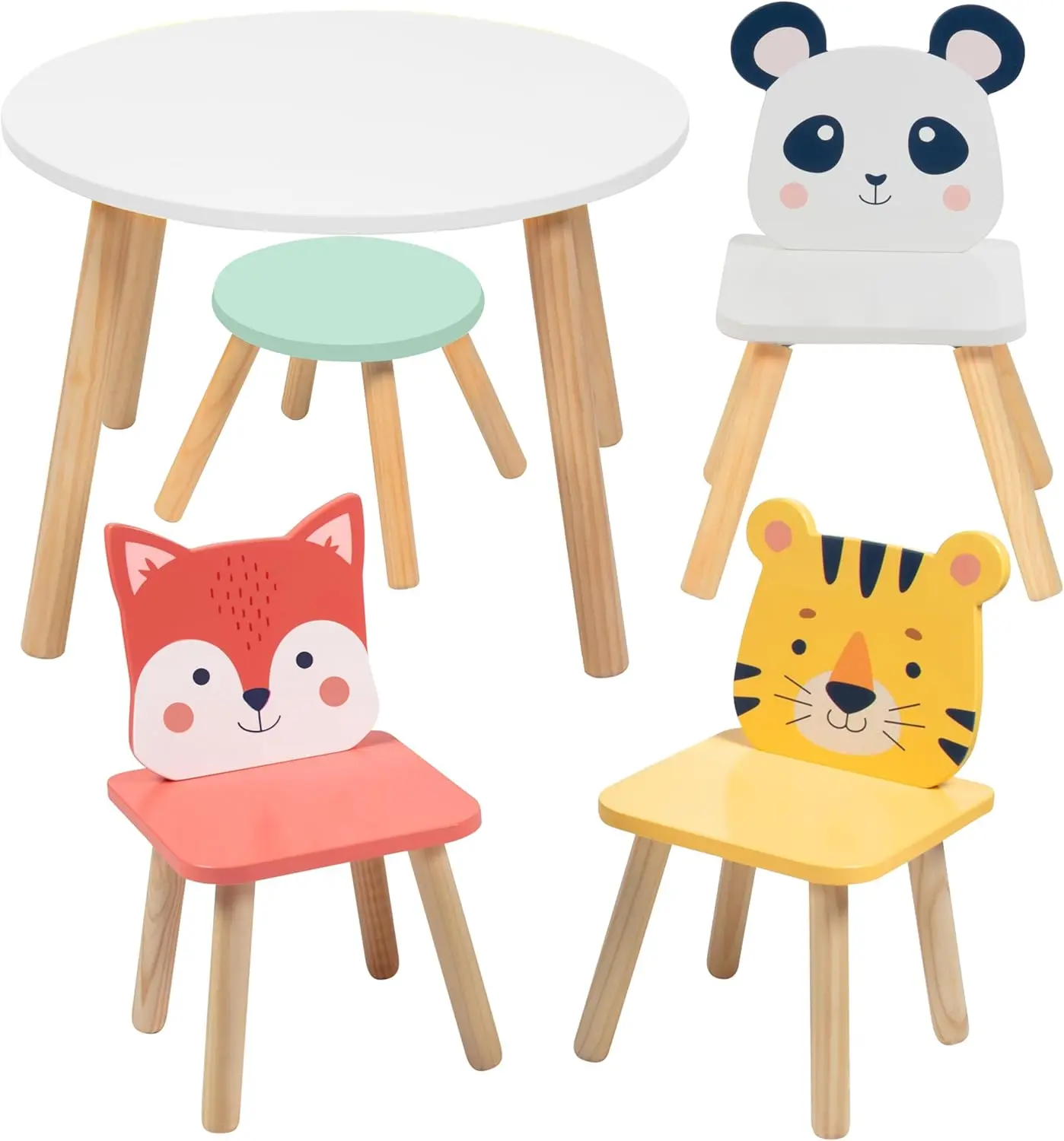 Chair Set w 4 Seats- Tiger, Panda & Fox Plus Adult Stool for Arts Crafts, Dining, Pretend Play- Durable Playroom Furniture for H