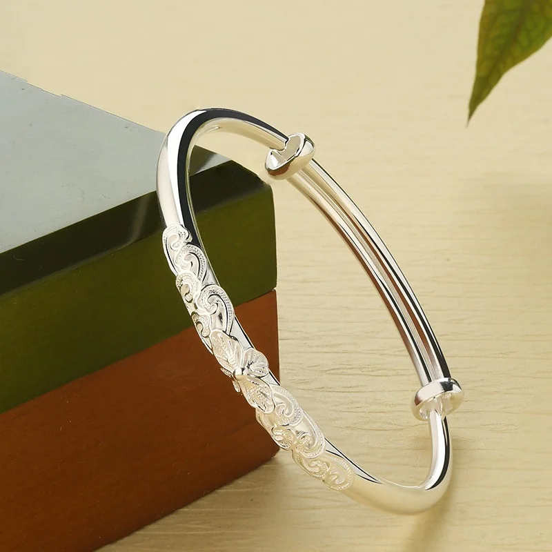 Handcrafted Relief Floral Pattern S999 Pure Silver Bracelet Women Adjustable Push Pull Bangle Stackable Fine Silver Jewelry