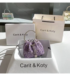 Luxury Designer Purple Stones Evening Clutch Bag Wedding Party Bucket Purse Metal Handle Women's Handbag Shoulder Messenger Bag