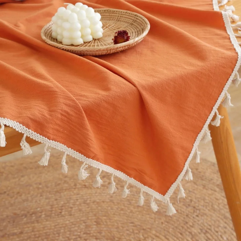 Easter Pure Color Tassels Cotton Tablecloth Washed Cotton Red Green Christmas Table Cover for Home Party Dining table Decora