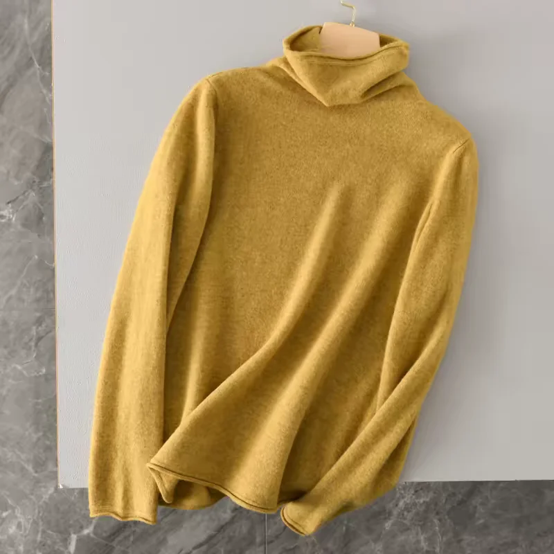 100%Merino Wool Pullover Women's AutumnWinter Basic Style Wool Jumper Long Sleeved Loose Sweater High Neck Elegant Wool Knit Top