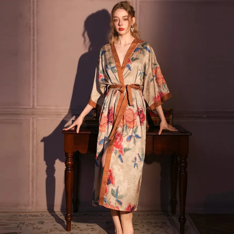 

Elegant Female Long Robe Home Dress Chinese Style Jacquard Kimono Bathrobe Gown Sexy Satin Lingerie Sleepwear Loose Loungewear