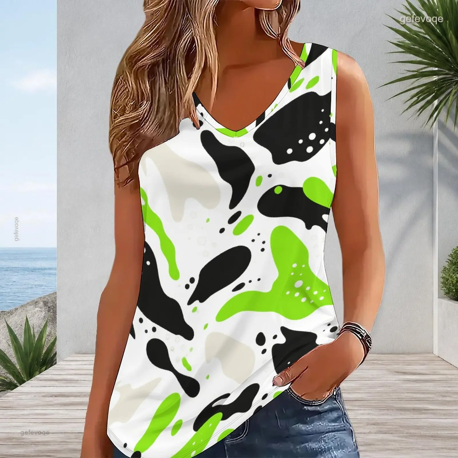 Women Abstract Colorful Brush Stroke Print V Neck Sleeveless Tank Top