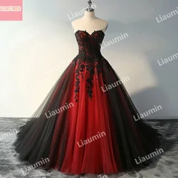 Red Tulle Black Lace Applique A Line Strapless Beading Prom Dress Floor Length Evening Formal Party Customized Made W15-51.11