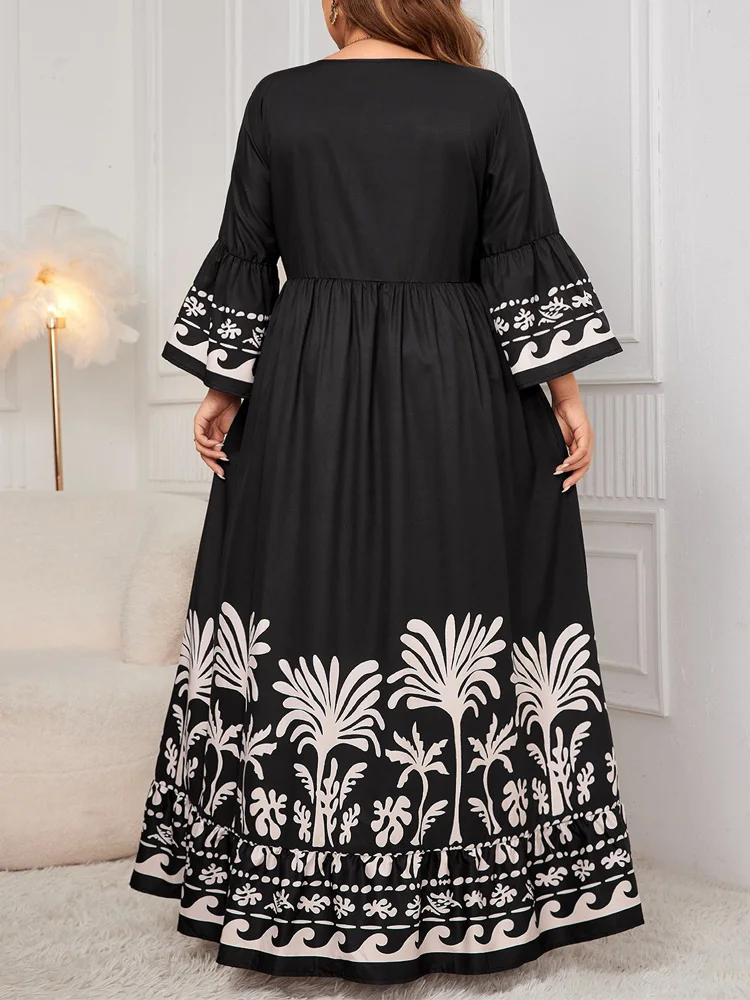 Gibsie plus Größe schwarz Flare Ärmel lockeres Kleid Frauen Frühling Herbst V-Ausschnitt Druck lose lässige Swing A-Linie langes Kleid