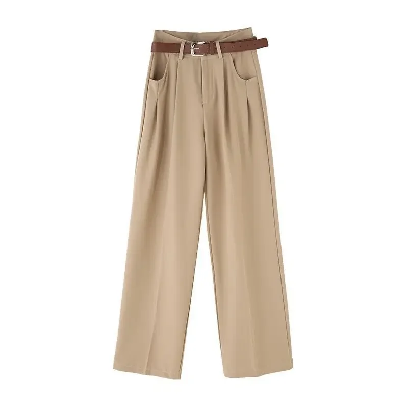 الكاكي اللون المرأة مستقيم الساق دعوى السراويل عالية الخصر ثنى نمط ربيع الخريف جديد وصول التخسيس واسعة الساق السراويل #3