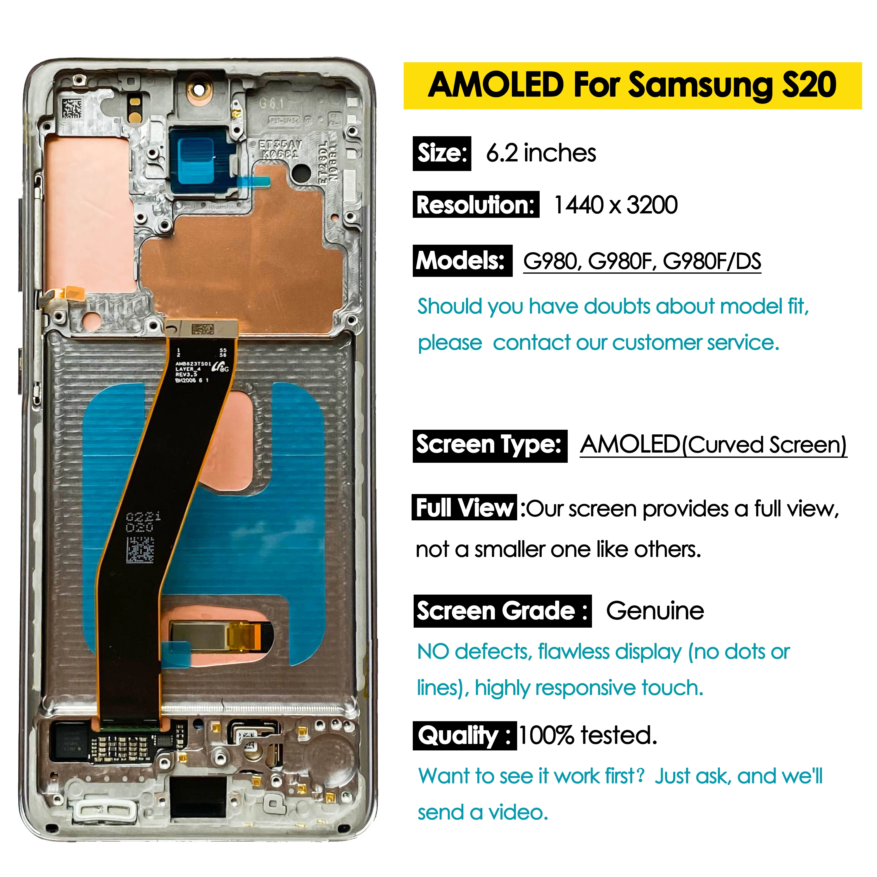 OEM Dynamic AMOLED For Samsung Galaxy S20 Display Screen Replacement G980,G980F/DS LCD Touch Digitizer Assembly Repair Wholesale